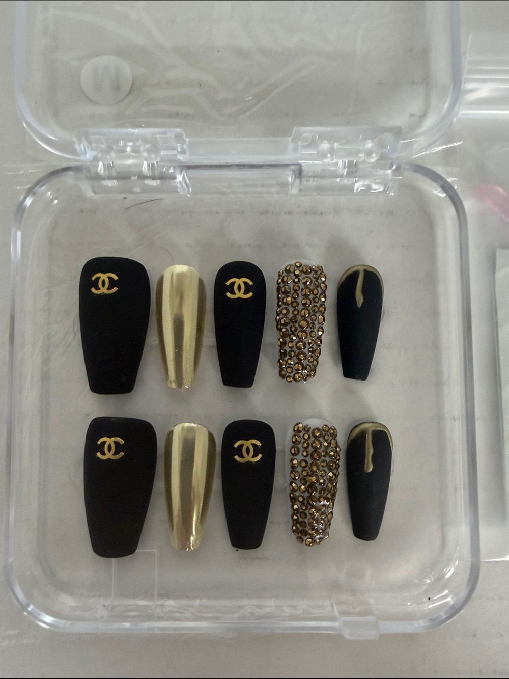 Custom Homemade CHANEL Black & Gold Press-On Nail Set NIB